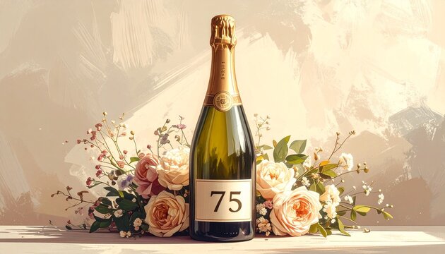 Champagne bottle with number 75 on the label and a bouquet of flowers. Rustic illustration for birthday or anniversary celebration