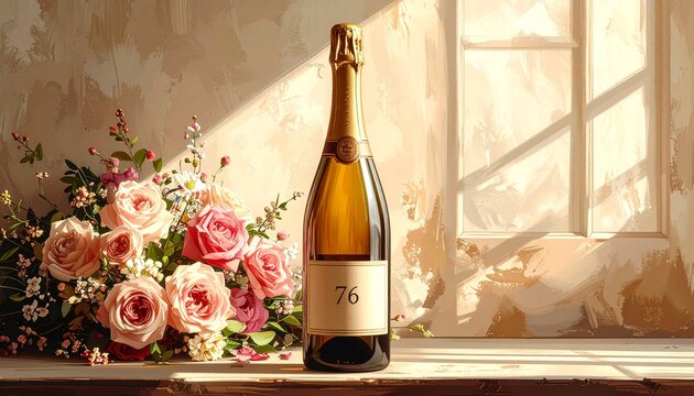 Champagne bottle with number 76 on the label and a bouquet of flowers. Rustic illustration for birthday or anniversary celebration