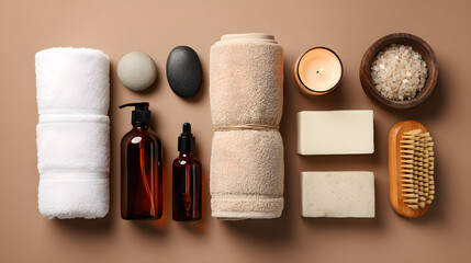 Spa essentials flat lay with towels toiletries and bath products on a beige background relaxation and self care concept