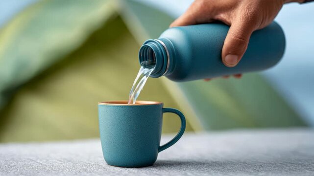 Camper pouring fresh water from blue thermos into matching mug near tent, savoring refreshing drink during peaceful morning camping experience