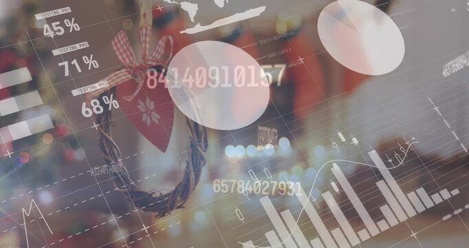 Animation of graphs and numbers over christmas decoration