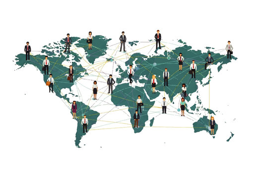 Global network of interconnected business people spread across a stylized world map, illustrating international connections and collaboration.