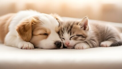 peaceful puppy and kitten sleeping together in a cozy moment