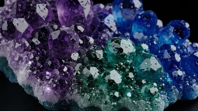 Immersive visual journey into a subterranean geode cavern, revealing colossal, shimmering amethyst crystals with deep purple hues and sparkling, jagged facets.