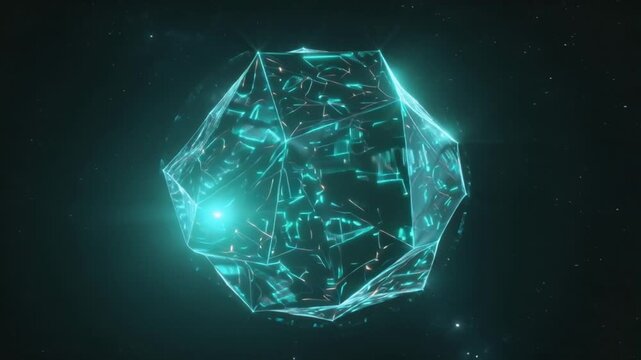 4K cinematic sci-fi animation of a floating faceted crystal core made of glowing polygon surfaces, rotating slowly in dark space. Each facet displays animated digital circuitry, holographic grids