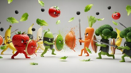 epic battle between fruits and vegetables in a playful cartoon war