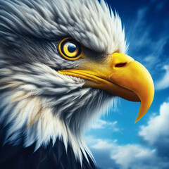 A Detailed Close Up Of A Bald Eagle's Head In Profile Against A Bright Blue Sky