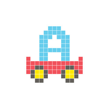 A flat pixel design made of geometric square color blocks on a clean icon layout. Pixel art cart and letter A