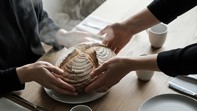 Hands presenting freshly baked artisan bread to a person at a table