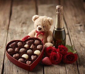 A box of chocolates sits on a wooden table next to a teddy bear