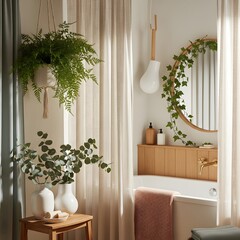 serene spa-style bathroom with natural wood accents and lush greenery