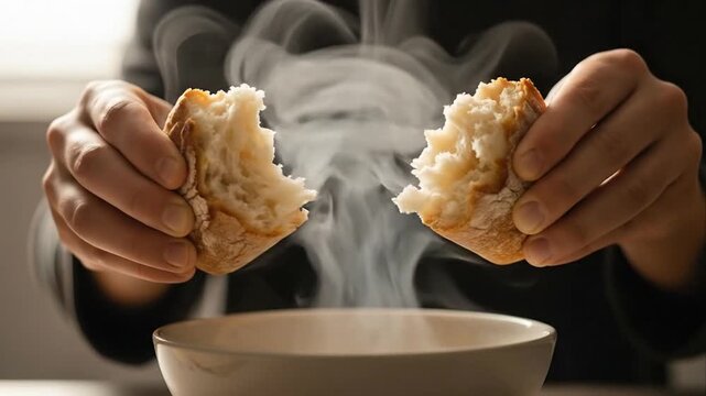 Hands tearing fresh bread over a bowl with steam rising
