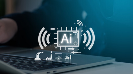 A laptop displays a glowing AI microchip icon connected to robotic arm and factory symbols, illustrating artificial intelligence solutions for Industry 4.0 or 5.0 and future manufacturing efficiency.