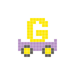 Fototapeta premium A flat pixel design made of geometric square color blocks on a clean icon layout. Pixel art cart and letter G