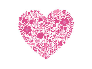 A heart made of flowers is pink and white