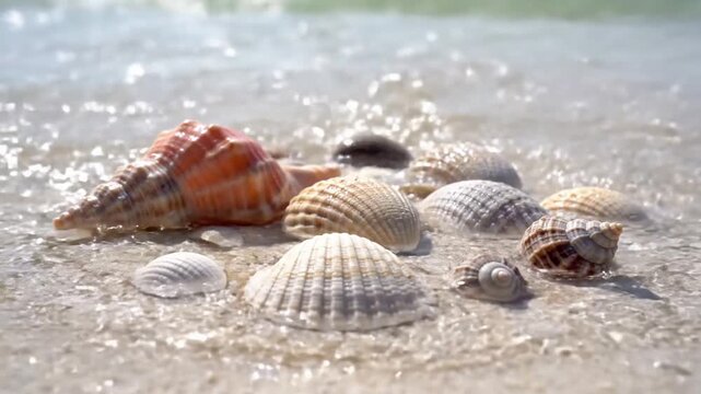 An abstract composition of perfectly arranged, weathered seashells on a dark, wet rock surface, emphasizing their unique shapes and shadows under soft light.