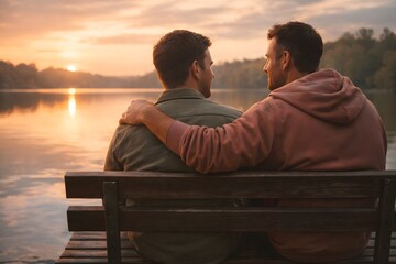 two friends sitting together by the lake at sunset