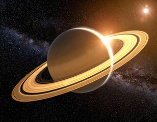 Majestic Planet with Massive Golden Glowing Rings in Deep Space