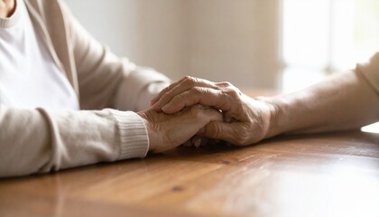 Obraz premium The concept of caring and empathy is shown by an elderly couple holding wrinkled hands