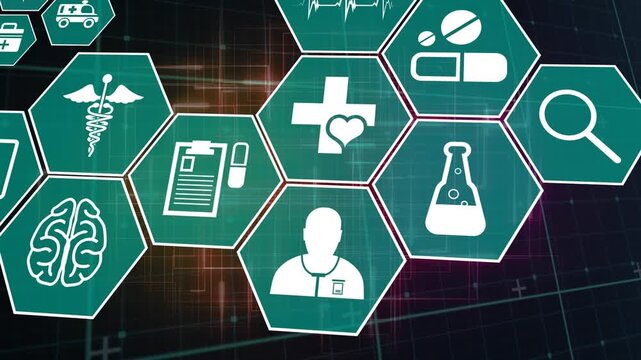 Animation of scientific icons in hexagons over digital space with colorful lines