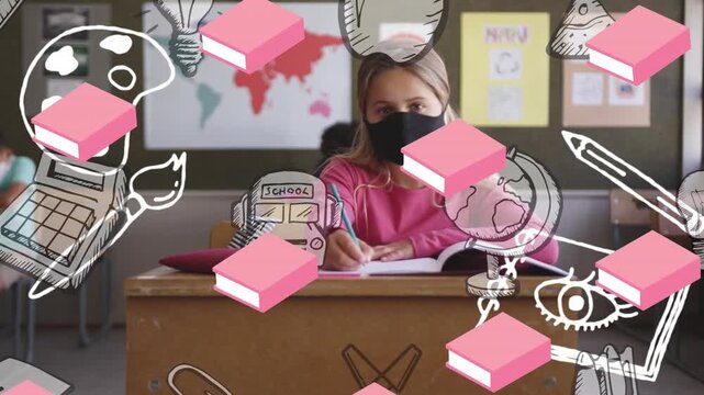 Animation of school items icons over caucasian schoolgirl with face mask