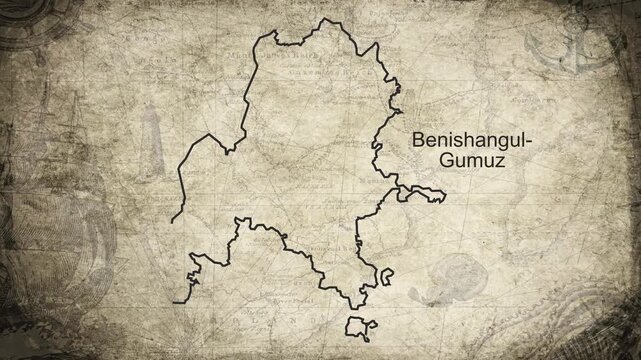 Benishangul-Gumuz map drawn on a cartography background sheet of paper