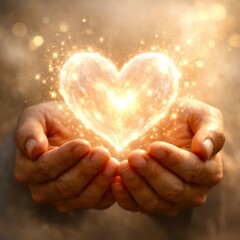 A person is holding a heart in their hands, surrounded by a glowing light