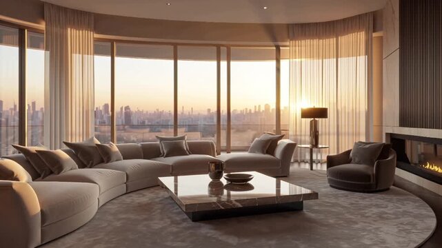 luxury modern apartment living room interior, floor-to-ceiling glass windows, panoramic city skyline sunset, warm golden hour sunlight streaming in, moving light rays, high-end Italian furniture