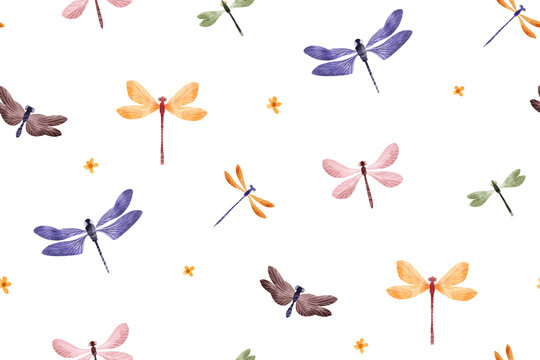 Minimalistic pattern with watercolor dragonflies on white, insects and flowers in pastel shades for fabric, paper, clothing