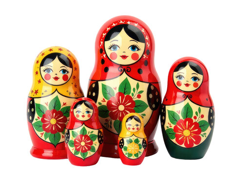 A group of Russian nesting dolls sitting next to each other, colorful and cheerful