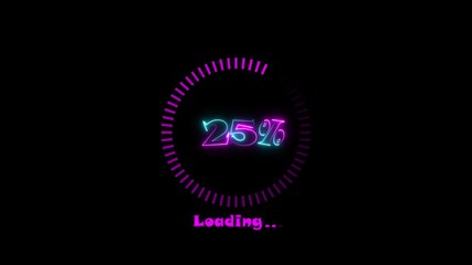 Neon purple and cyan glowing 15 percent loading circle with text loading in purple on a black background - Powered by Adobe