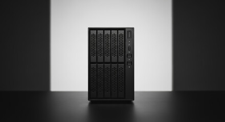 Black professional external hard drive enclosure (DAS/NAS) for data storage and server technology, set against a dramatic black and white background.