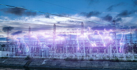 Dramatic electrical discharge illuminates a power substation and high-voltage lines under a stormy sky, symbolizing raw energy and modern technology.