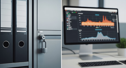 Data Security and Business Analytics: Physical archives locked for privacy next to a computer monitor displaying financial graphs and digital performance metrics.