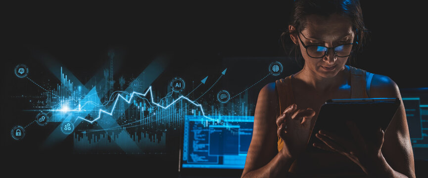 A focused female developer works on a tablet amidst a holographic display of glowing AI-driven data analytics and digital innovation, showcasing advanced technology and cybersecurity concepts. - Powered by Adobe
