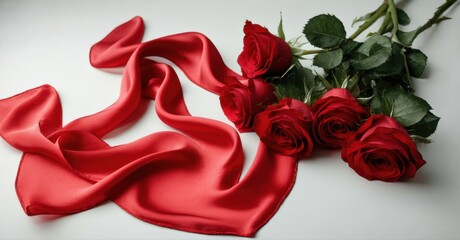 Naklejka premium Red roses rest near flowing satin fabric. Romantic composition, soft lighting, elegant presentation. Simple background enhances floral beauty.