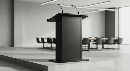 Fototapeta na wymiar Modern empty black podium (lectern) with microphones ready for speaker on concrete stage in contemporary conference or meeting room.