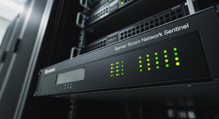 Close-up of network monitoring device with blinking green lights in a dark server room, data center infrastructure sentinel
