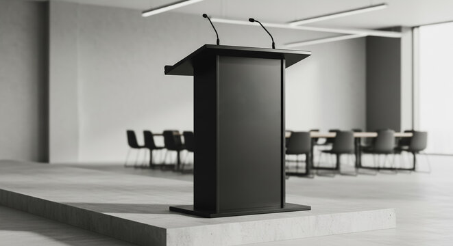 Modern empty black podium (lectern) with microphones ready for speaker on concrete stage in contemporary conference or meeting room.