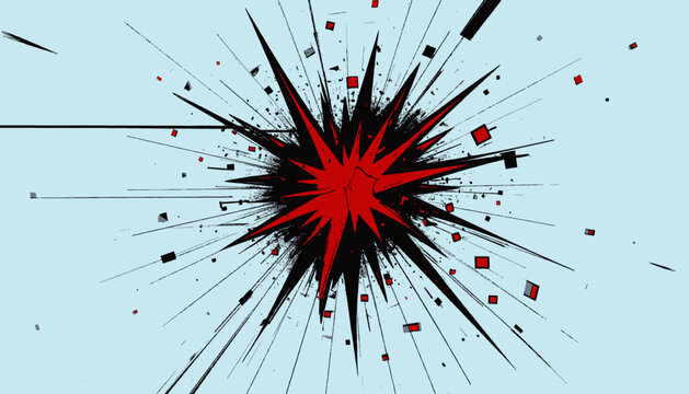 A geometric abstract illustration of a central explosion with sharp black spikes radiating outwards