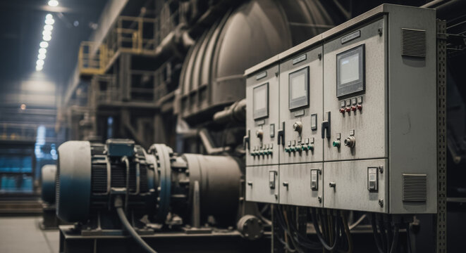 Industrial control panel and electric motor in a heavy manufacturing plant. Automation, electrical engineering, and machinery control.