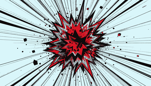 A stylized comic book explosion with red, black, and white elements bursting on a light blue background