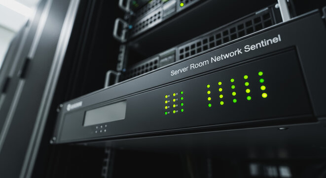 Close-up of network monitoring device with blinking green lights in a dark server room, data center infrastructure sentinel - Powered by Adobe
