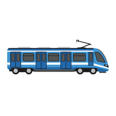 Modern Blue Electric Tram on White Background