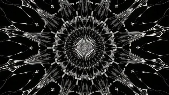 Kaleidoscopic radial symmetry creating abstract geometric pattern in monochrome tones.