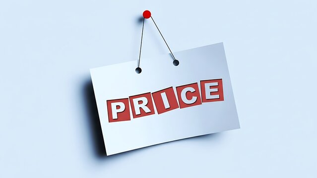 White paper sign with cutout letters spelling PRICE in red boxes, hanging by red thumbtack and string on pale blue background