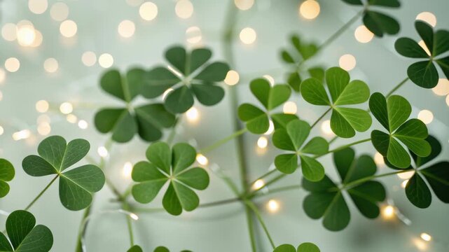 Clover Leaves and Bokeh Lights Festive St. Patrick Graphic Design with Vibrant Green Shamrocks Creating Joyful Atmosphere