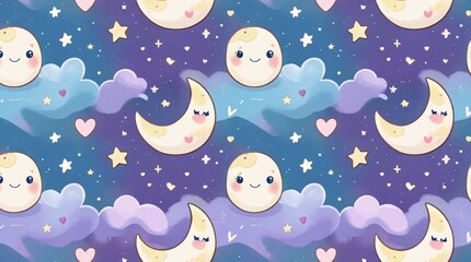 Naklejka premium A seamless pattern featuring cute crescent moons, shimmering stars, and tiny floating hearts on a soft, dreamy pastel blue and purple night sky background.