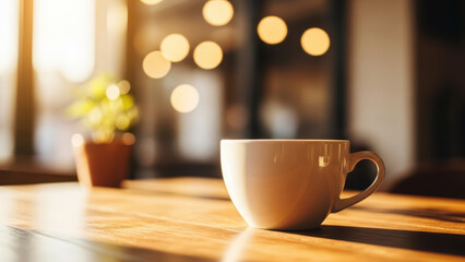 Fototapeta premium White Mug on Wooden Table with Soft Lighting
