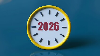 Yellow clock face displays the year 2026 with dark blue hour markers on a reflective teal background, symbolizing time and future.